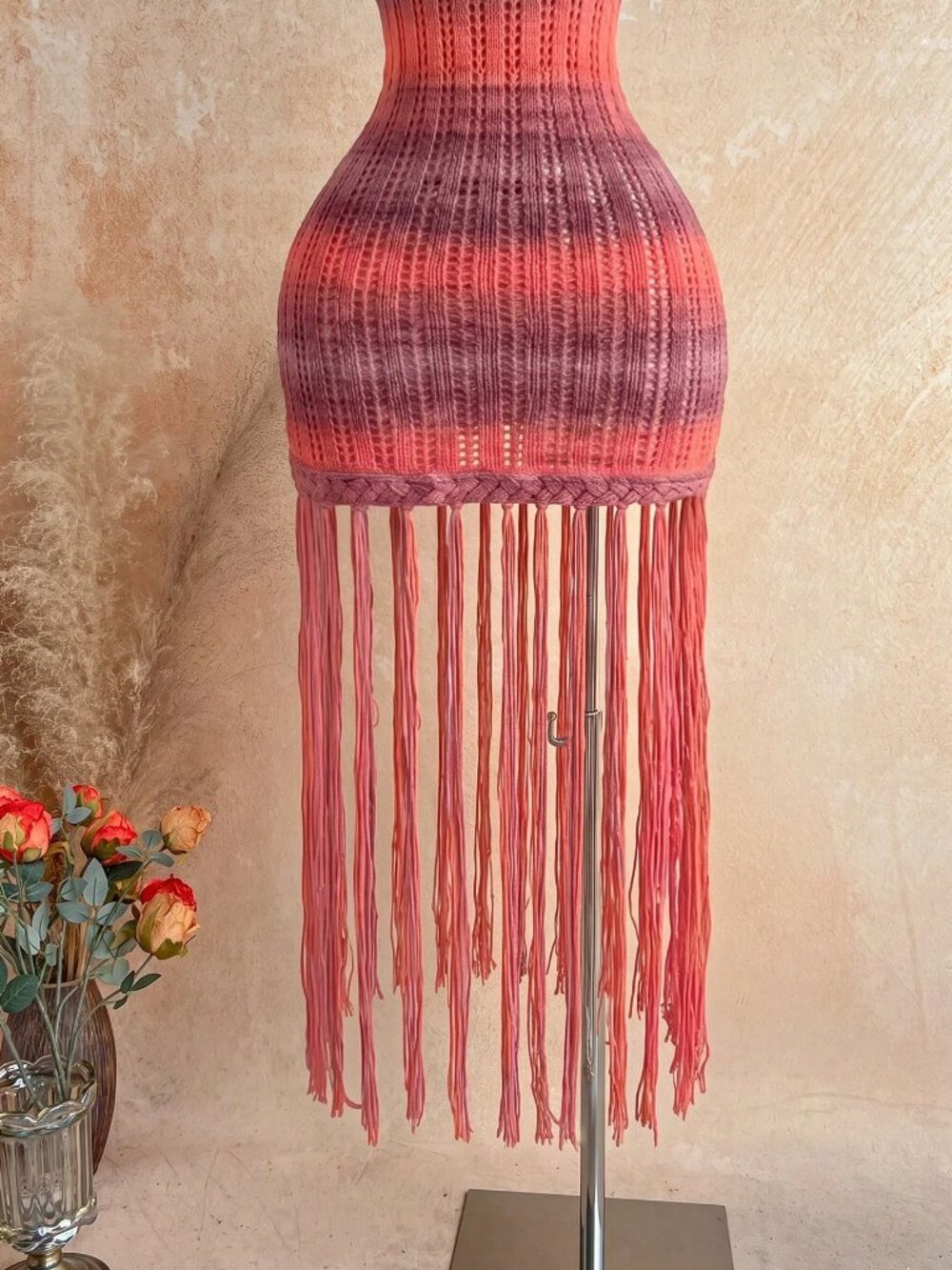 Burgundy Sexy Women's Exaggerated Tassel Braided Rope Knit Mini Dress - Picture 5 of 7